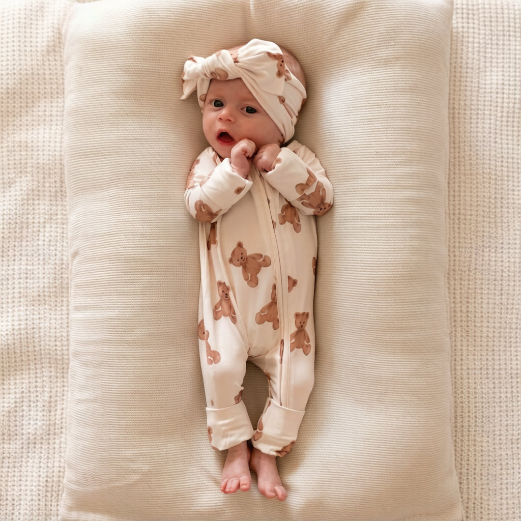 2PCS Lovely Bear Printed Zipper Long Sleeve Baby Jumpsuit