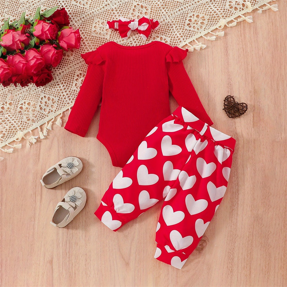 3PCS Stylish Comfy Heart Print Long Sleeve Baby Set
