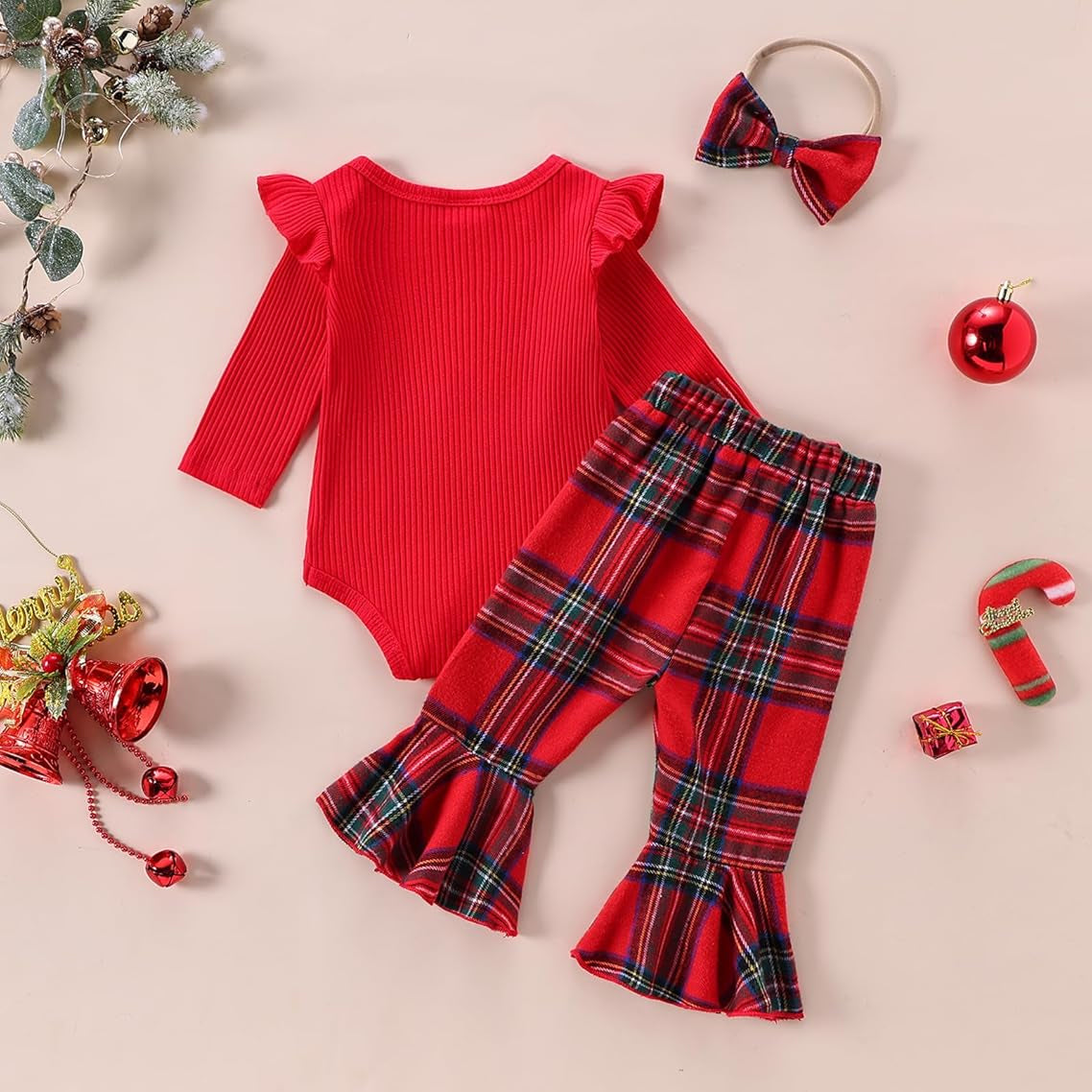 3PCS Christmas Santa Baby Letter Plaid Printed Baby Set