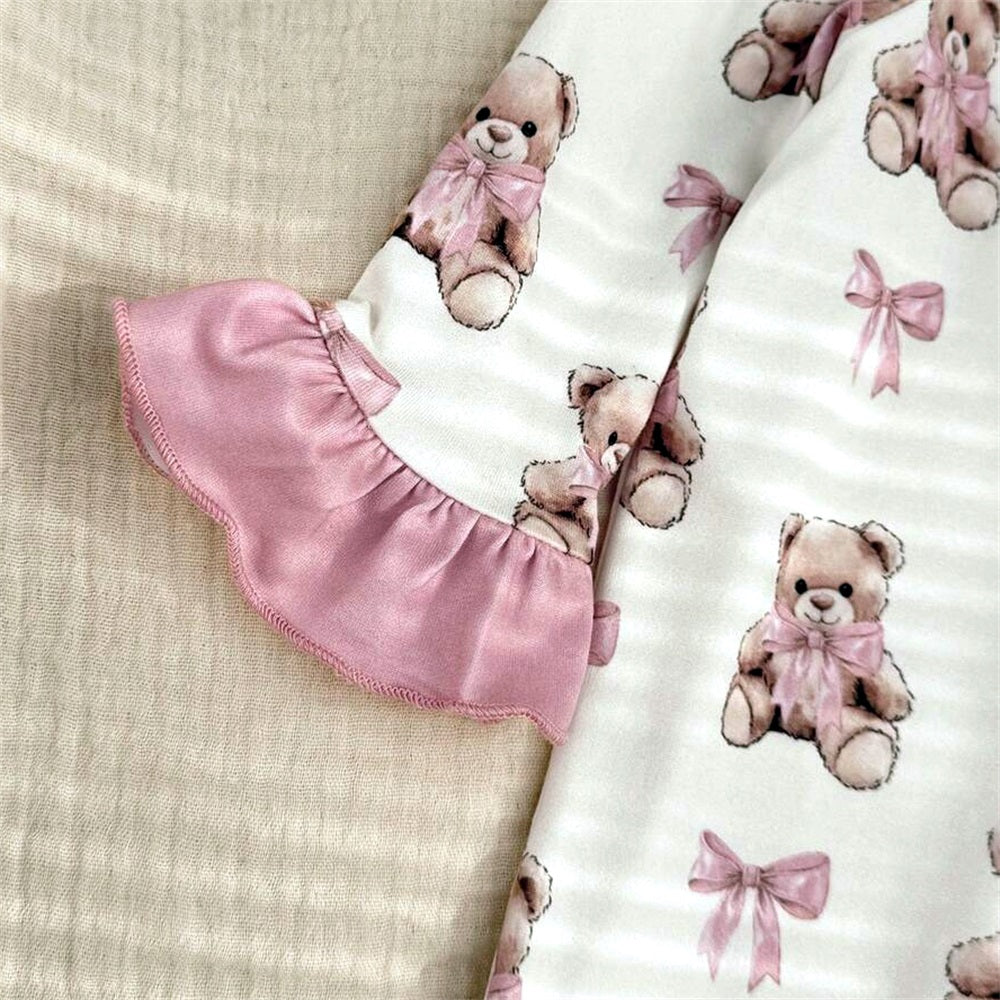 2PCS Cute Bear Printed Long Sleeve Frill Trim Zip Baby Jumpsuit