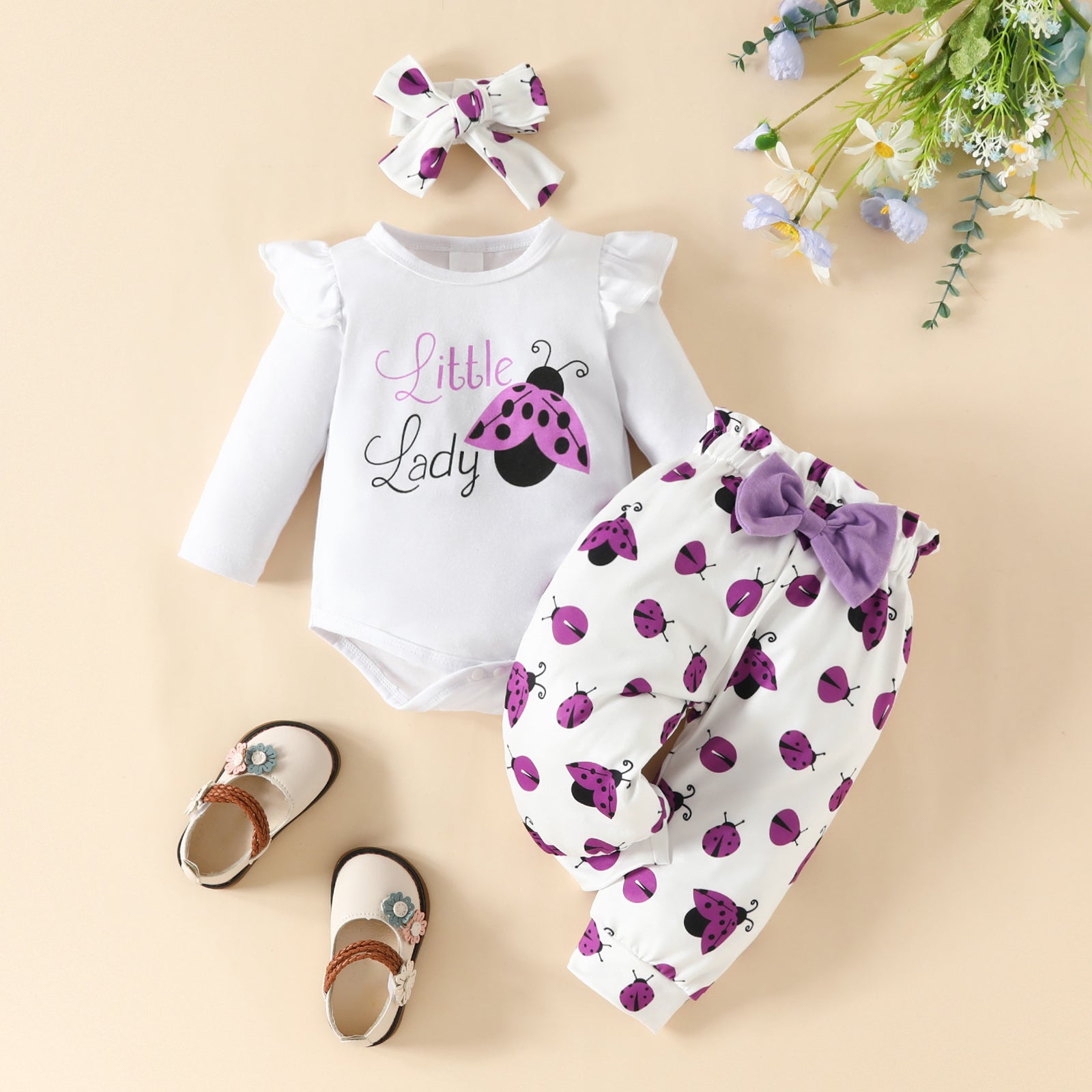 3PCS Lovely Ladybug Printed Long Sleeve Baby Set