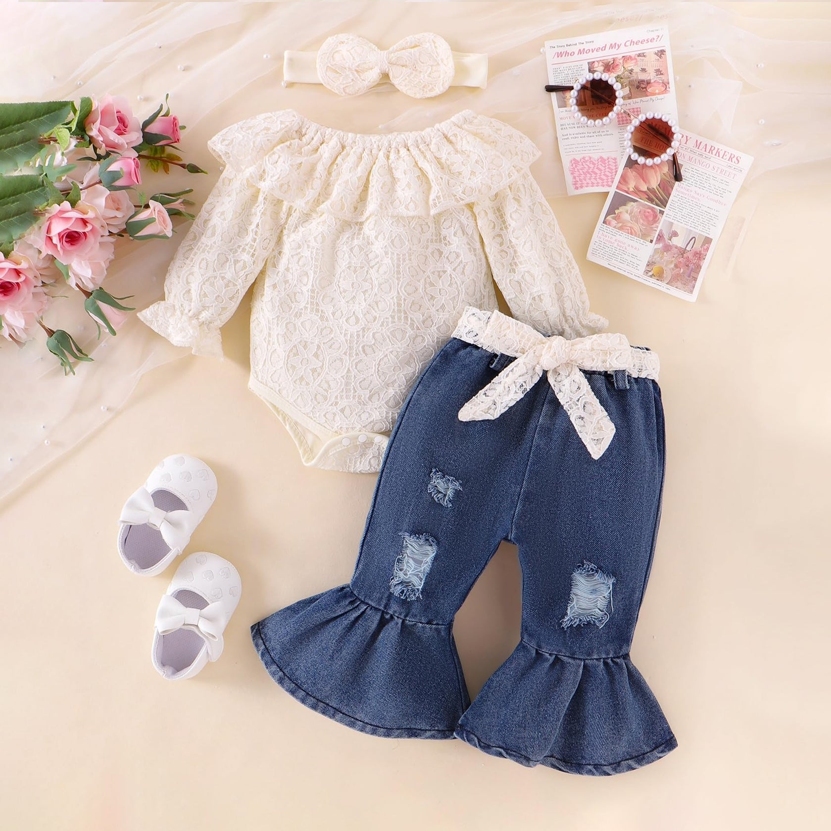 3PCS Elegant Lace Embroidery and Jeans Baby Set