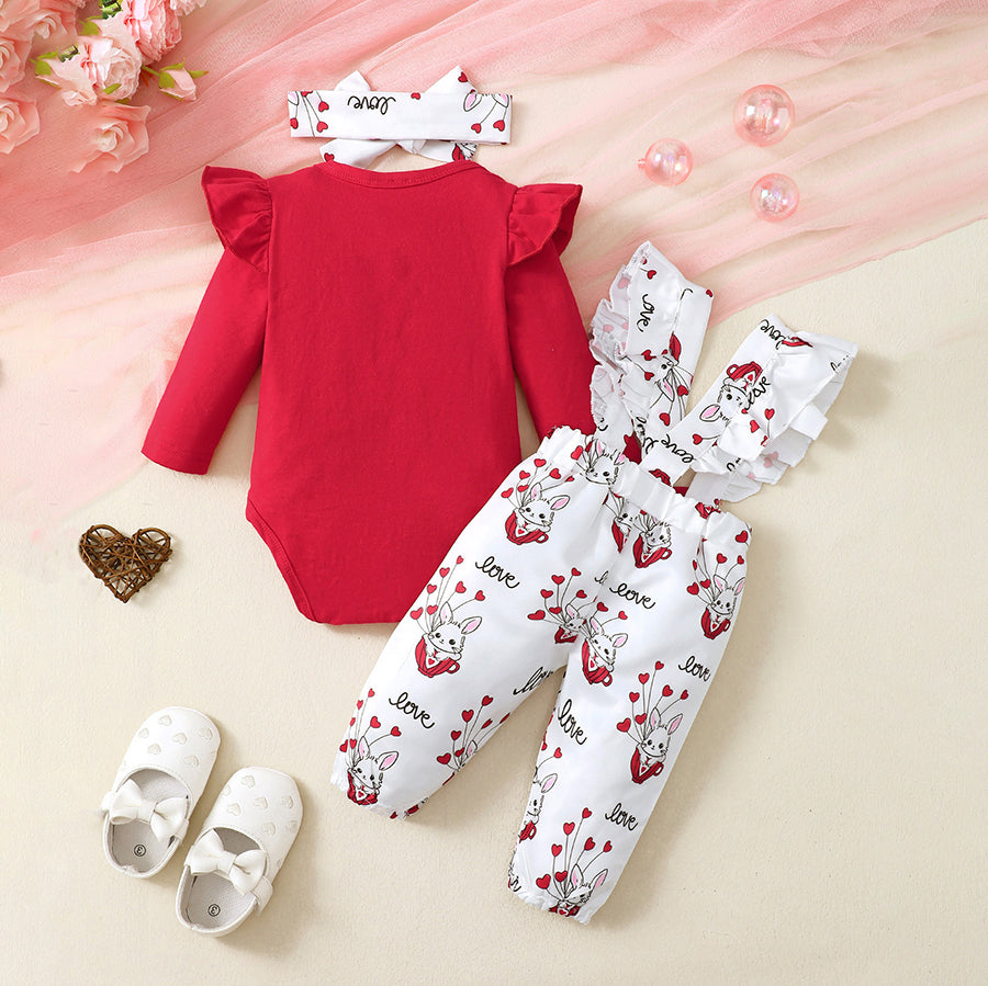 3PCS Cute Bunny Printed Long Sleeve Baby Girl Overalls Set