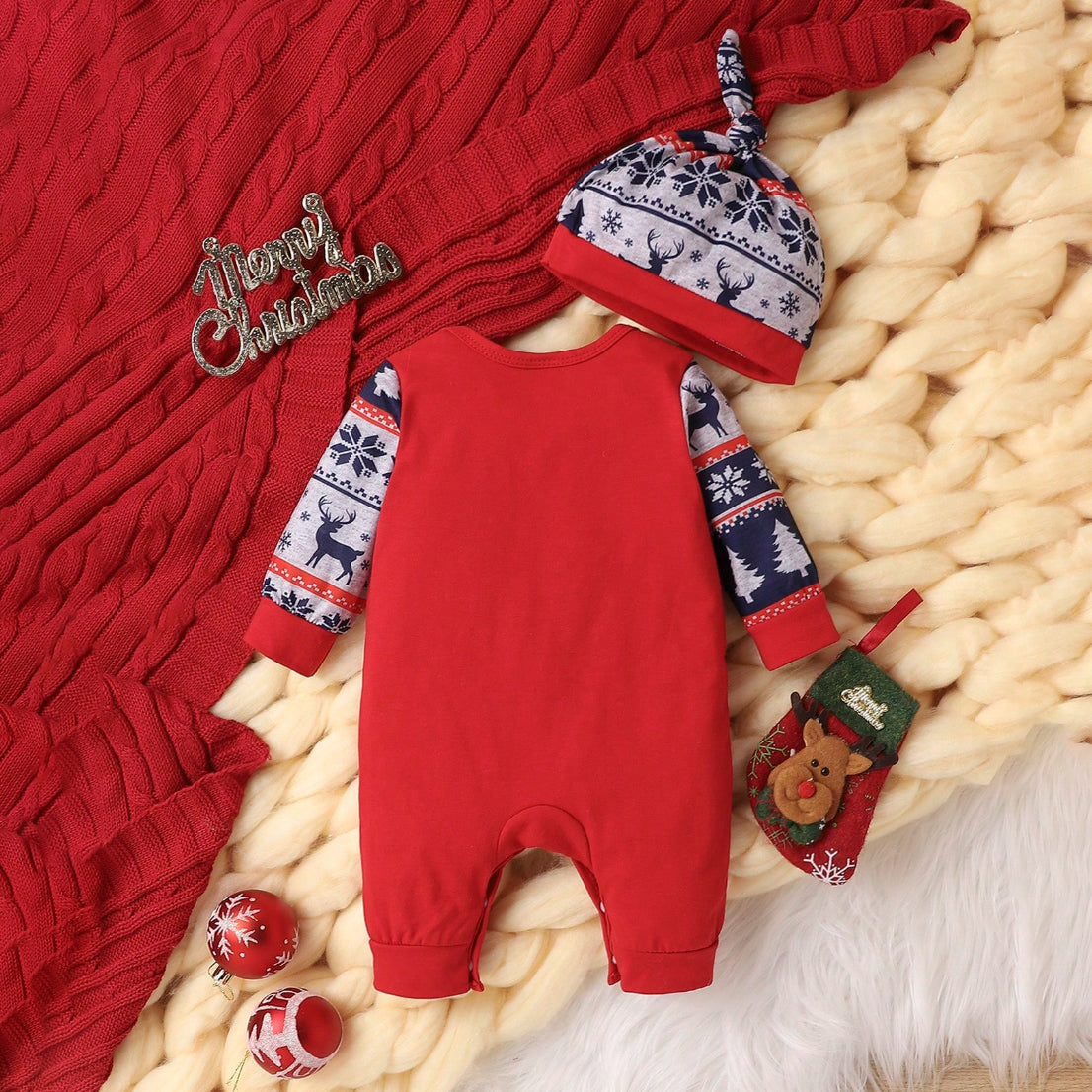 2PCS Deer Printed Long Sleeve Christmas Baby Jumpsuit