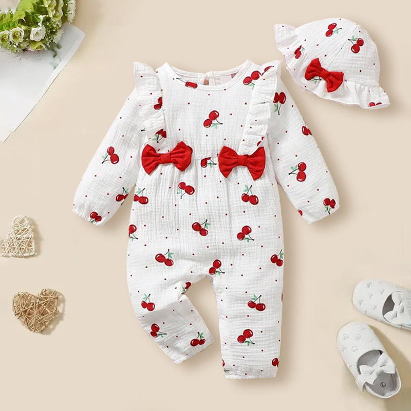 2PCS Cherry Printed  Long Sleeve Bowknot Baby Jumpsuit