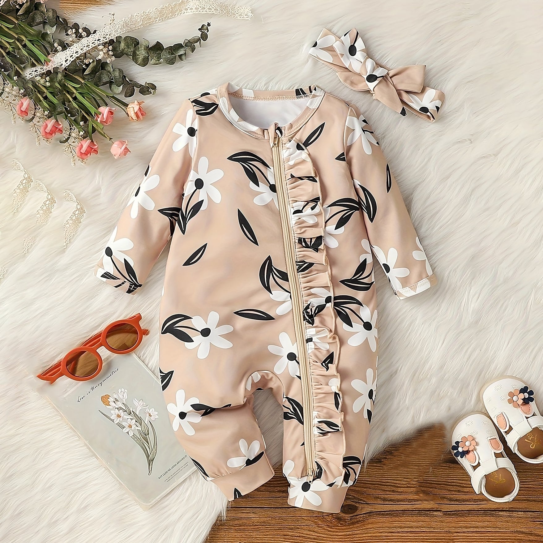 2PCS Flower Printed Ruffled Long Sleeve Baby Jumpsuit