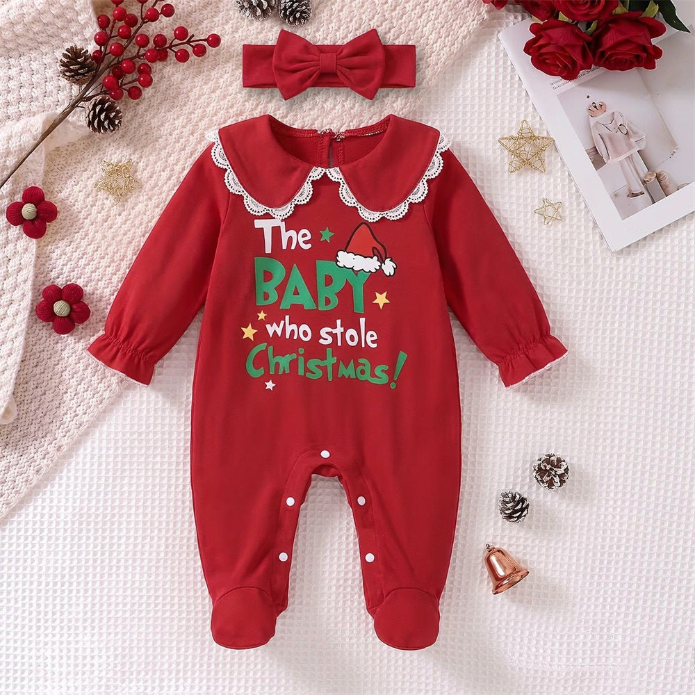 2PCS Christmas Themed Letter Print Peter Pan Collar Baby Jumpsuit