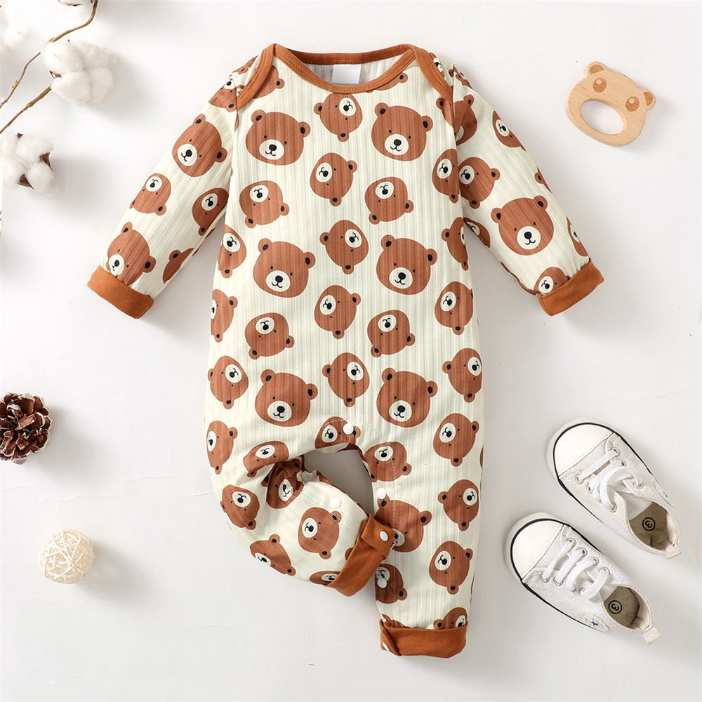 Cute Casual Bear Print Long Sleeve Baby Jumpsuit
