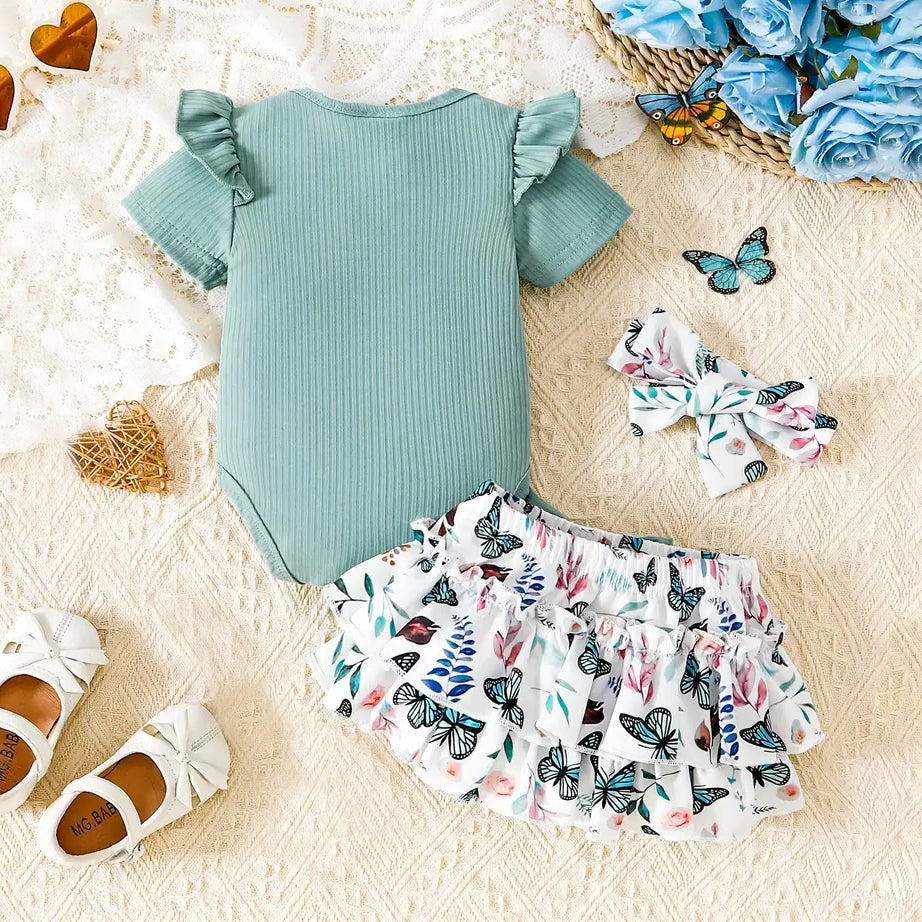 3PCS Cute Butterfly Printed Short Sleeves Baby Set