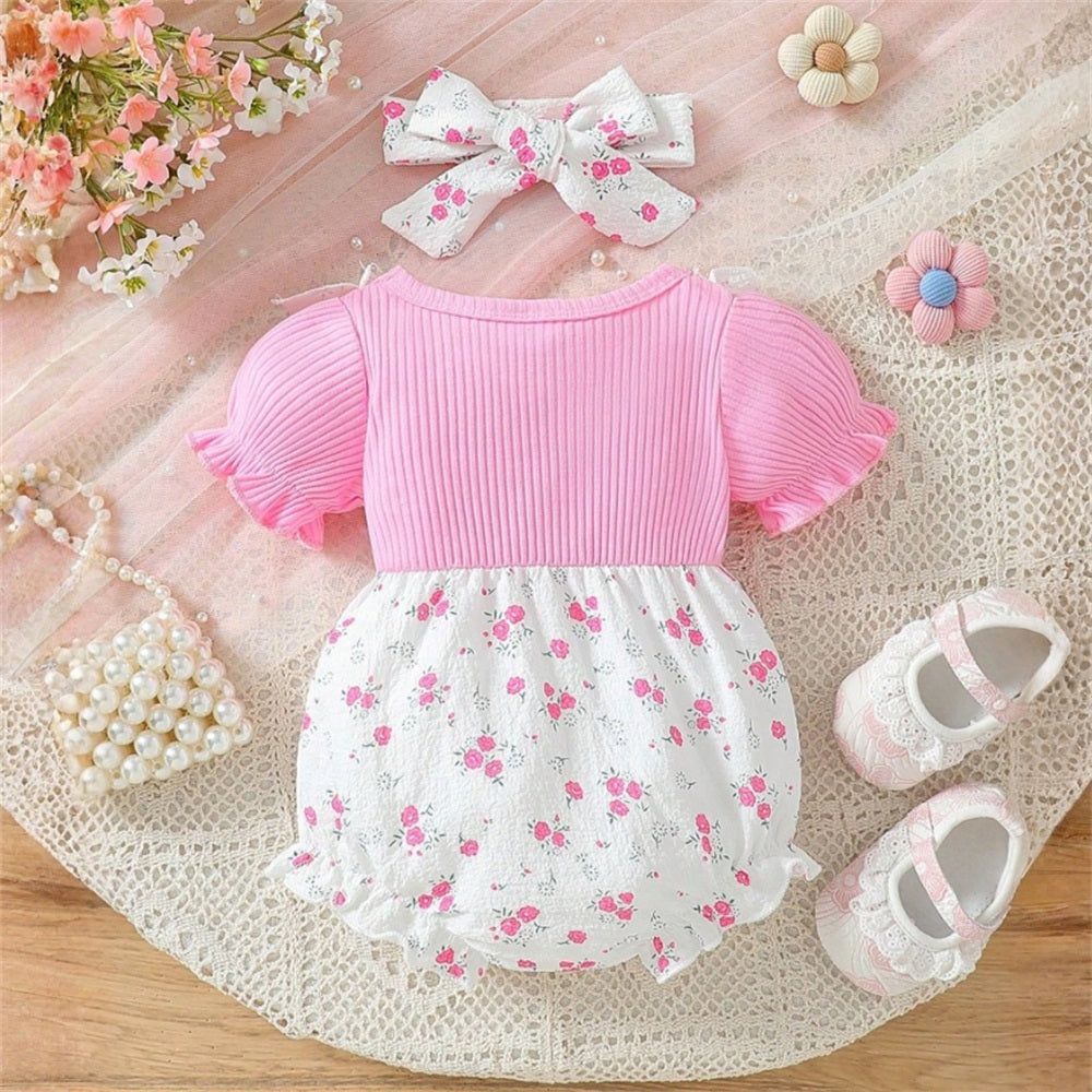2PCS Sweet Floral Printed Bow Short Sleeve Baby Romper