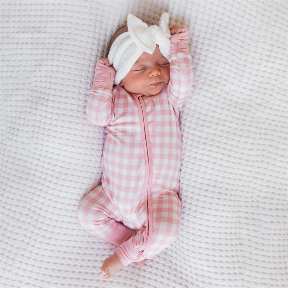 Fashion Pink Plaid Print Long Sleeve Baby Jumpsuit