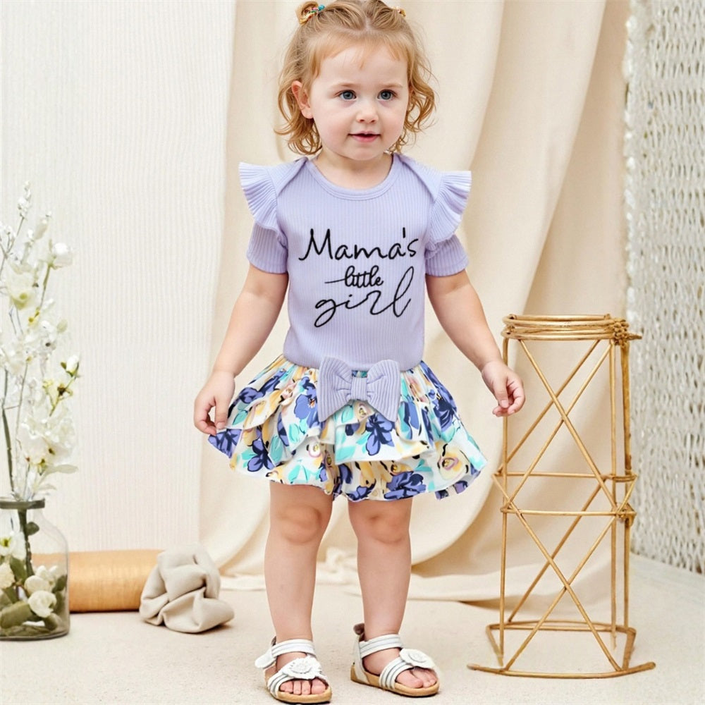 3PCS Mama's Little Girl Letter Floral Printed Short Sleeve Baby Set