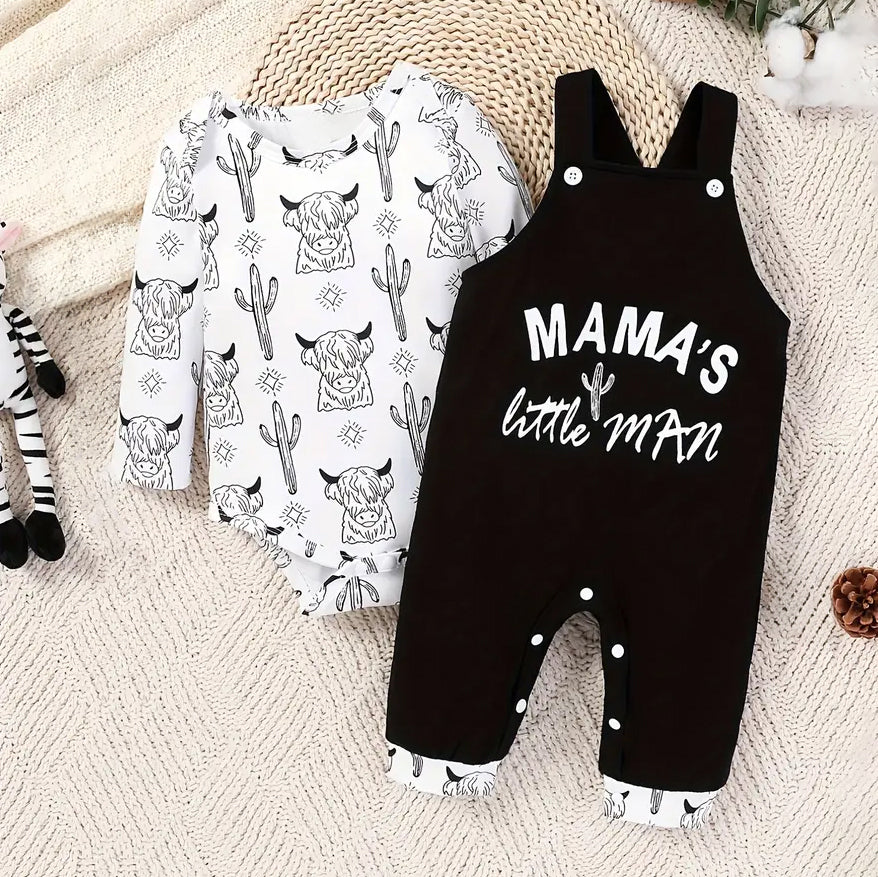 2PCS Cow Head Printed Romper And Letter Printed Overalls Baby Set