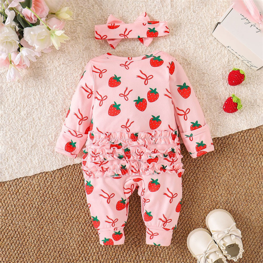 2PCS Cute Strawberry Printed Frill Long Sleeve Baby Jumpsuit