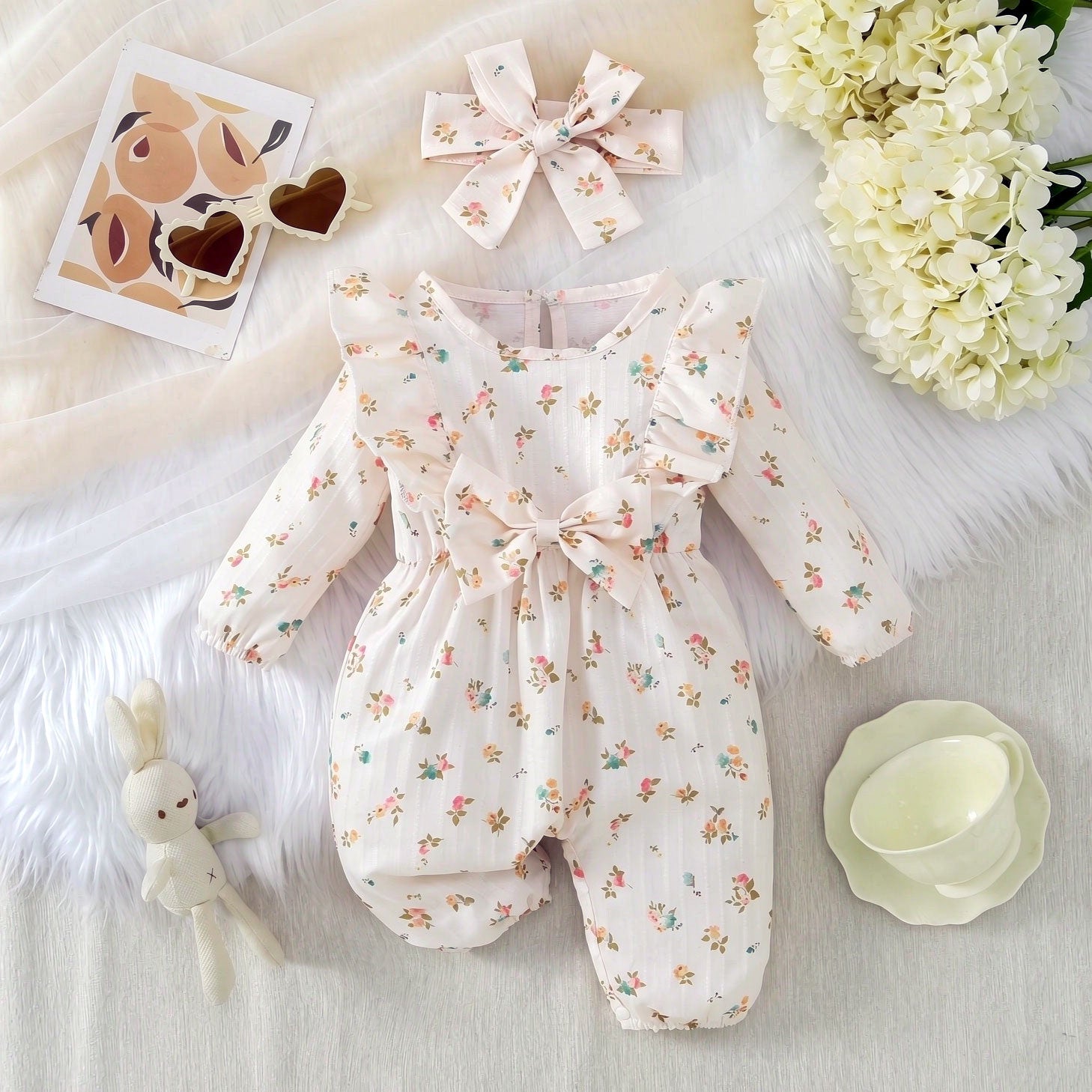 2PCS Sweet Ditsy Floral Printed Ruffle Long Sleeve Baby Jumpsuit