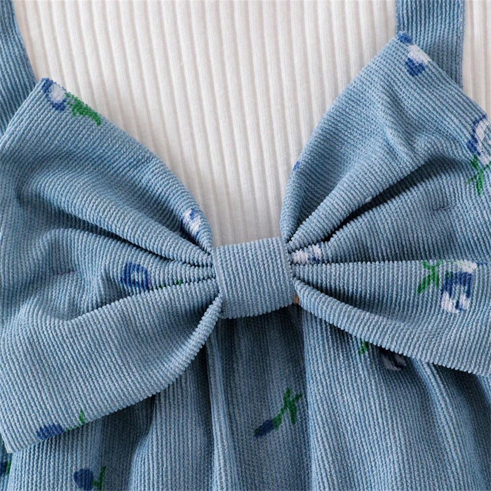 2PCS Causal Floral Printed Bow Short Sleeve Baby Jumpsuit