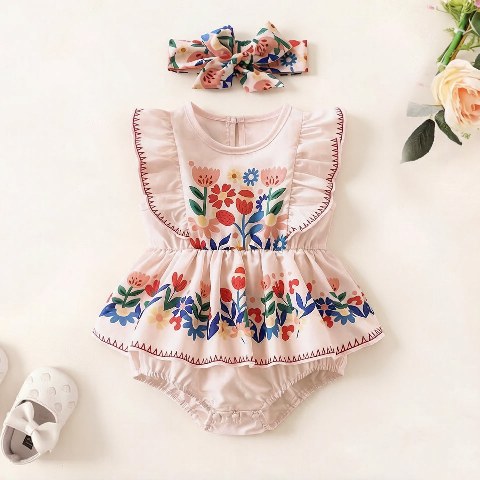 2PCS Whimsical Floral Print Flutter Sleeve Baby Romper