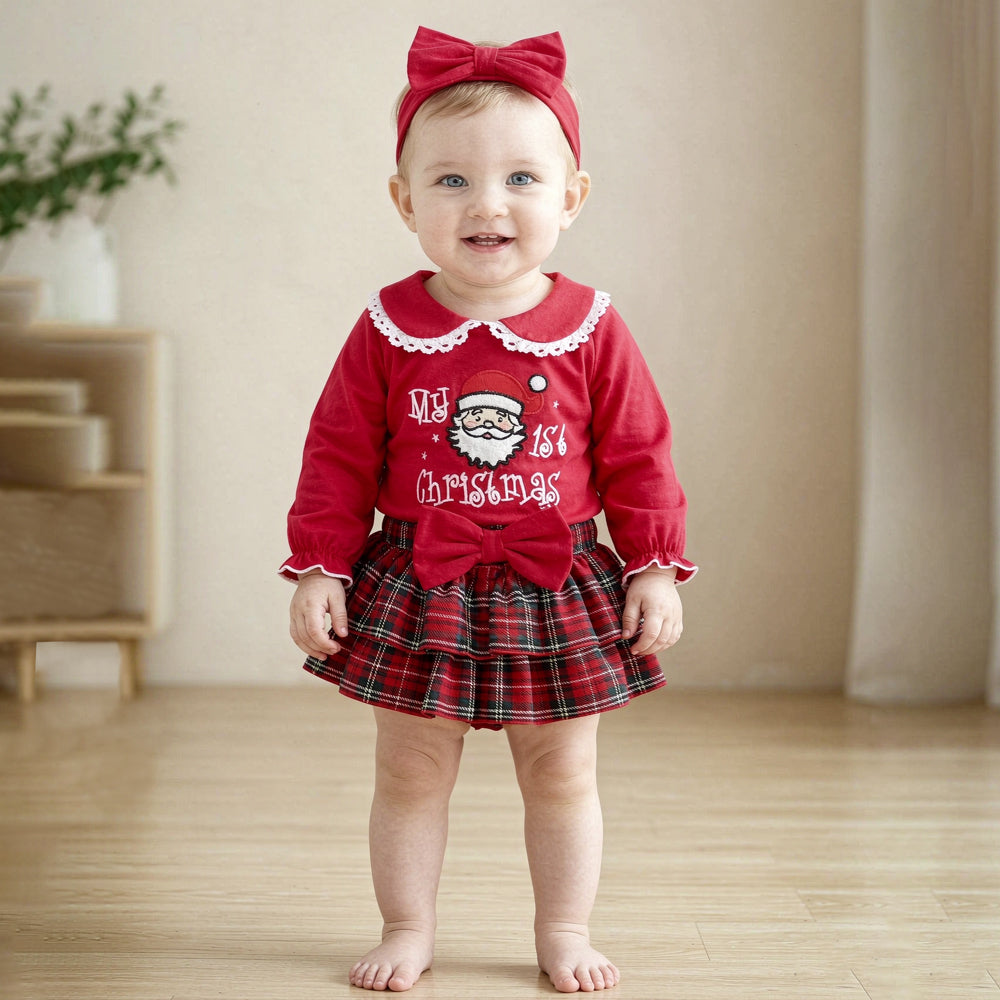 3PCS My 1st Christmas Santa Claus Embroidered Plaid Printed Baby Set