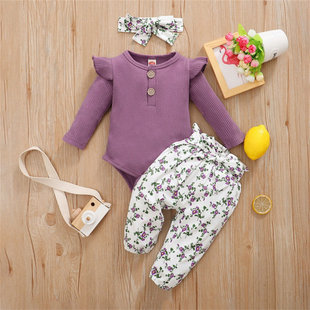 3PCS Pretty Floral Print Long Sleeve Baby Set