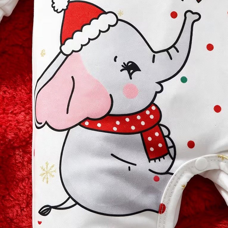 Sweet Elephant Heart Print Long Sleeve Baby Girl Christmas Jumpsuit