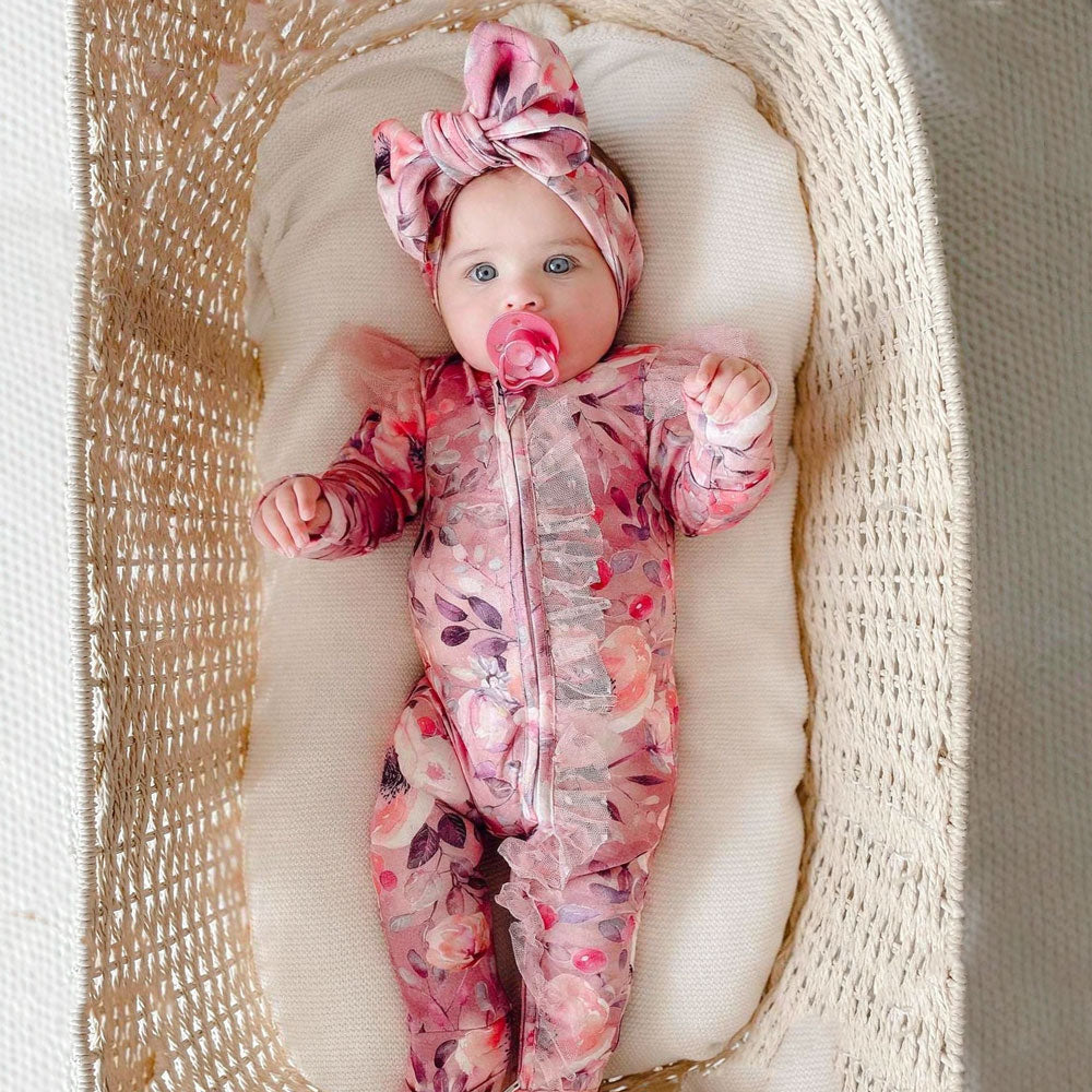 2PCS Vivid Floral Print Lace Ruffle Zipper Long Sleeve Baby Jumpsuit