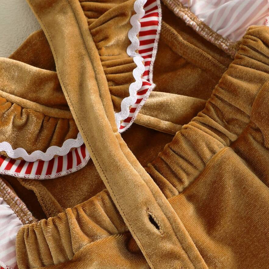 2PCS Gingerbread Man Flutter Sleeve Christmas Baby Girl Velvet Romper
