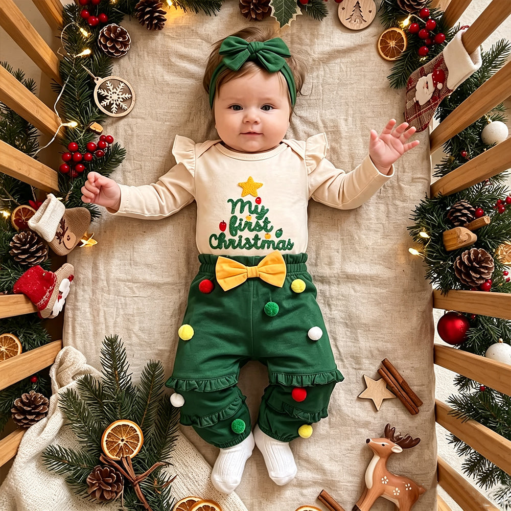 3PCS Sweet My First Christmas Letter Applique Pompon Trim Baby Girl Set