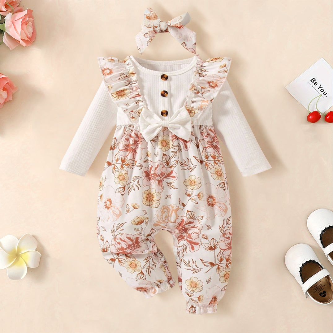 2PCS Graceful Floral Printed Bow Long Sleeve Baby Jumpsuit