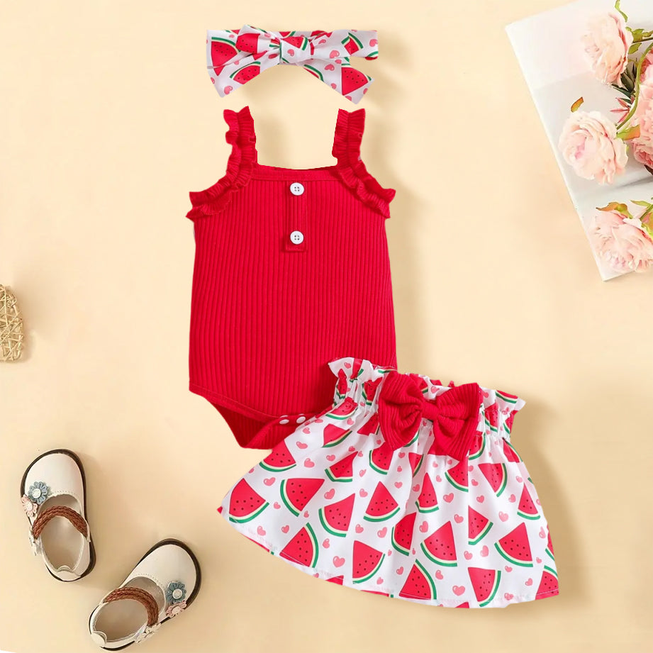 3PCS Summer Watermelon Printed Sleeveless Baby Girl Set