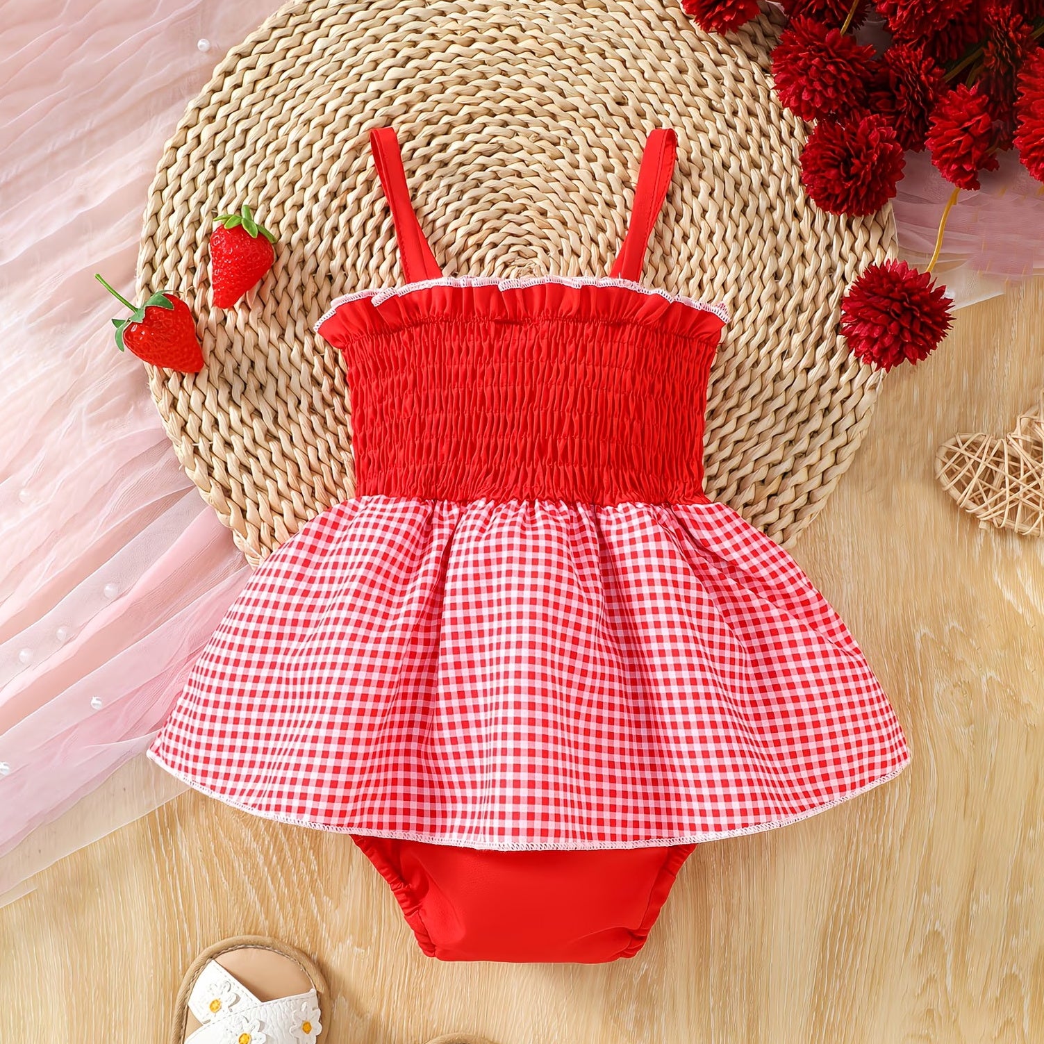 Lovely Plaid Printed Strawberry Embroidery Sleeveless Baby Romper