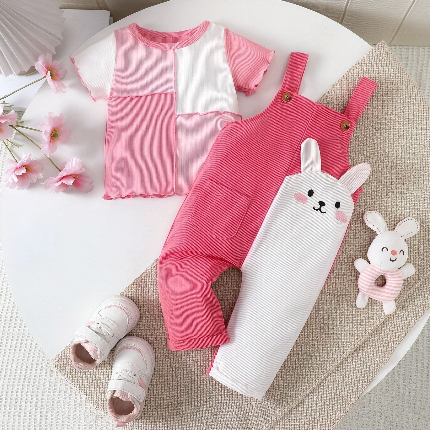 2PCS Pretty Rabbit Printed Short Sleeve Baby Overalls Set
