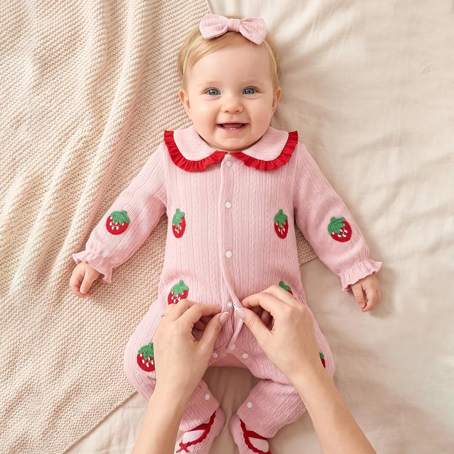 2PCS Pretty Strawberry Print Baby Girl Jumpsuit
