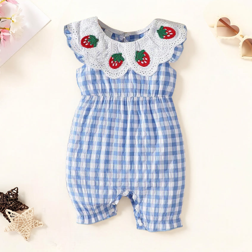 Strawberry Embroidery Plaid Print Flutter Sleeve Baby Jumpsuit