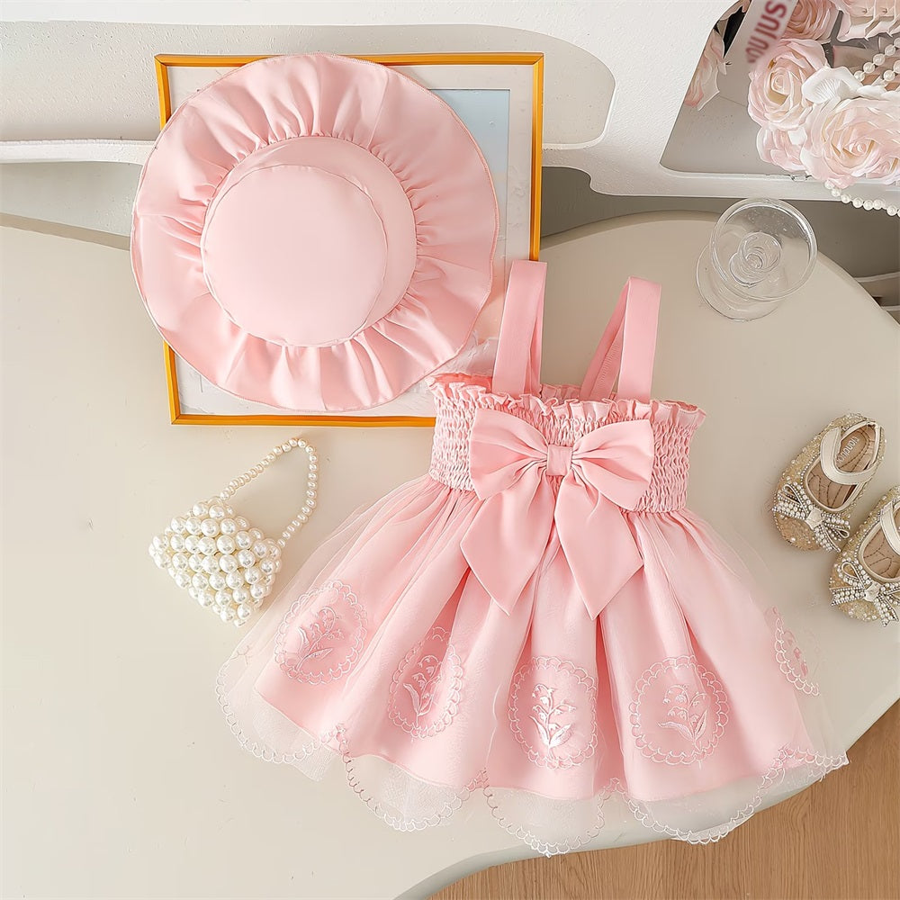 2PCS Elegant Solid Color Bow Waist Strap Lace Baby Dress