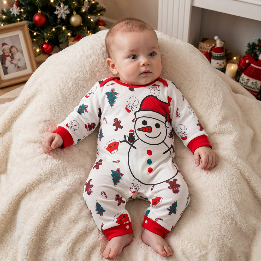 Christmas Snowman Gingerbread Man Print Long Sleeve Baby Jumpsuit