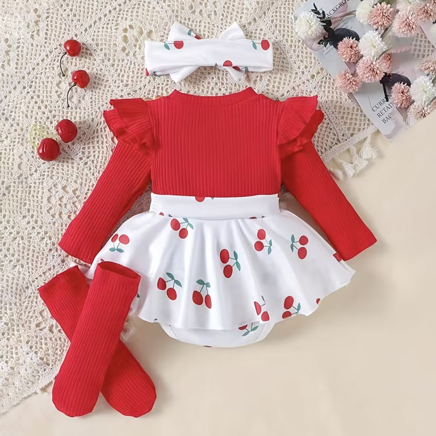 3PCS Sweet Cherry Print Long Sleeve Baby Romper