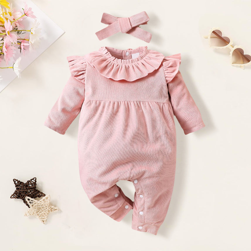 Pure Solid Color Ruffle Long Sleeve Baby Jumpsuit