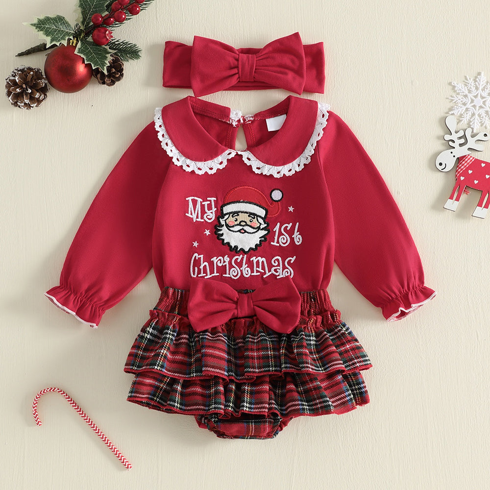 3PCS My 1st Christmas Santa Claus Embroidered Plaid Printed Baby Set