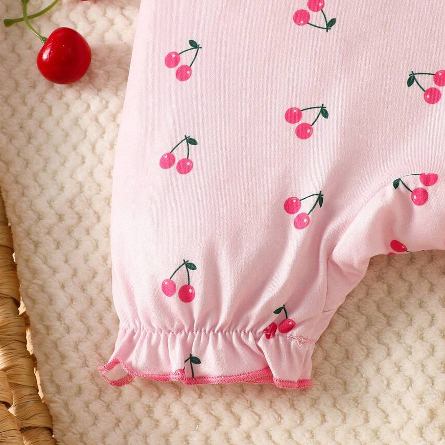 2PCS Sweet Cherry Print Bow Puff Sleeve Baby Jumpsuit