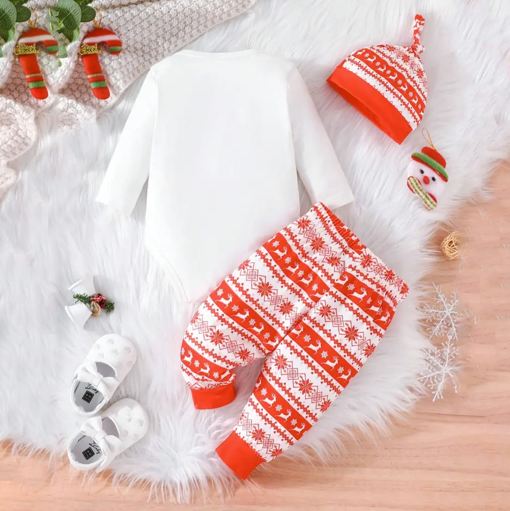 3PCS Merry Christmas Letter Elk Printed Long Sleeve Baby Set