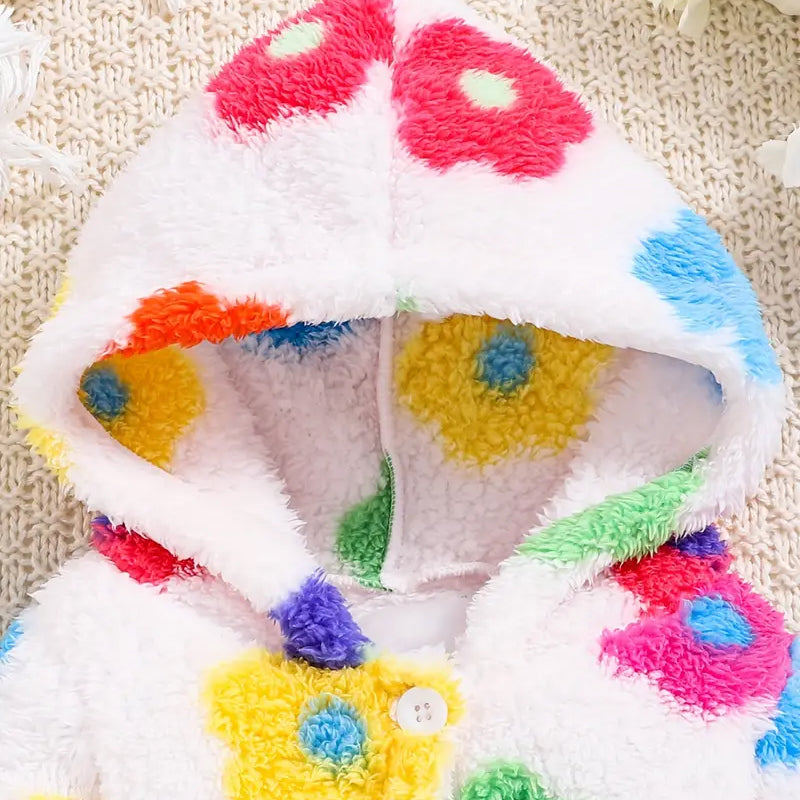 Cute Floral Printed Long Sleeve Fuzzy Hooded Baby Jumpsuit