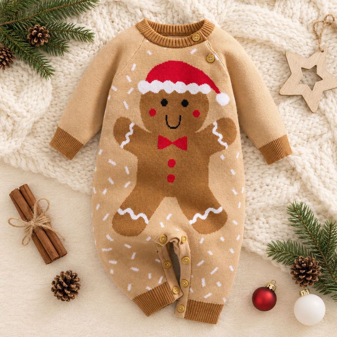 Lovely Knit Christmas Gingerbread Printed Long Sleeve Baby Jumpsuit