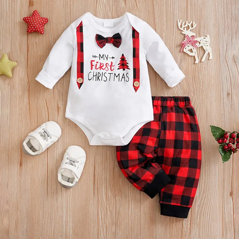 2PCS My First Christmas Letter Plaid Printed Baby Set