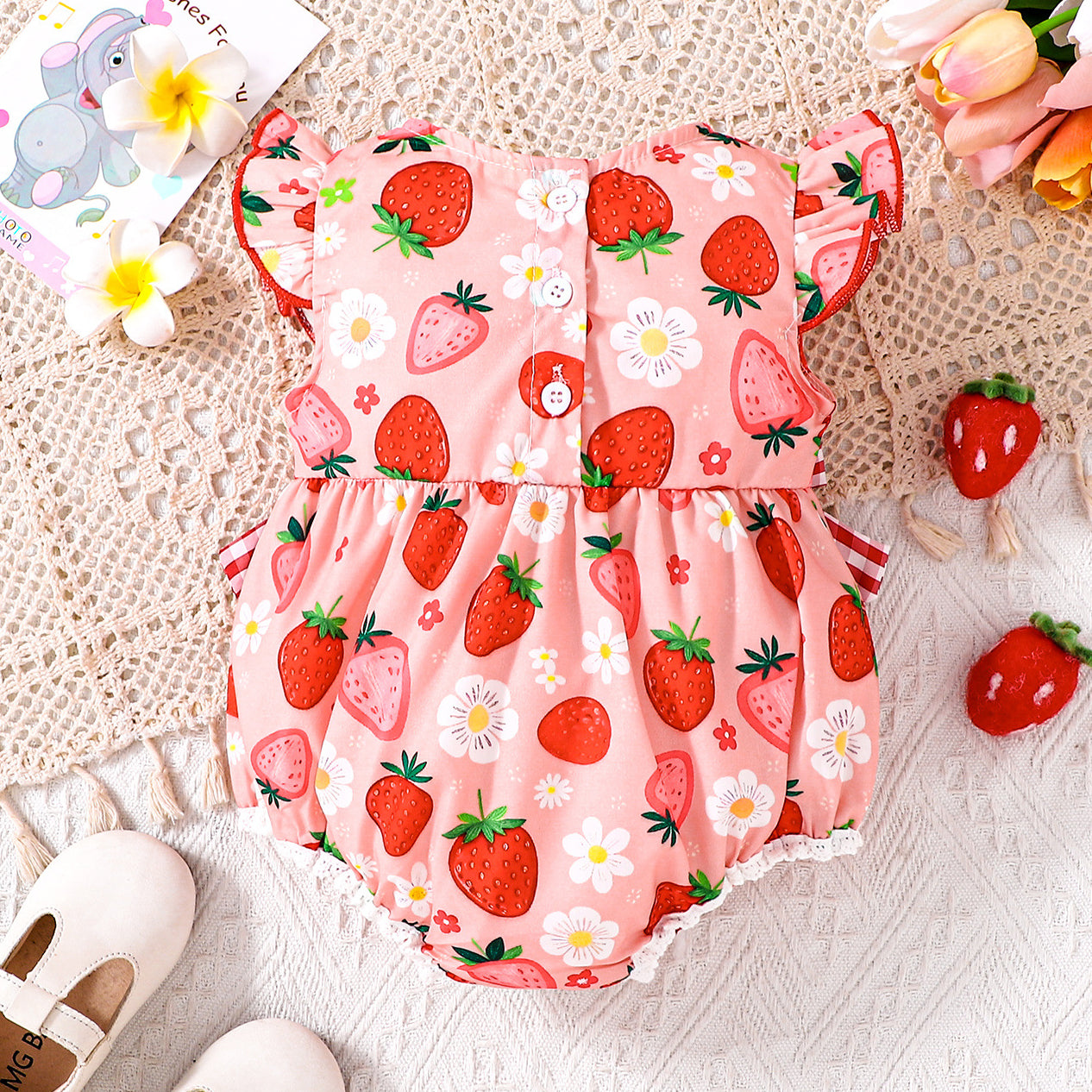 Vibrant Strawberry & Floral Print Bow Flutter Sleeve Baby Romper