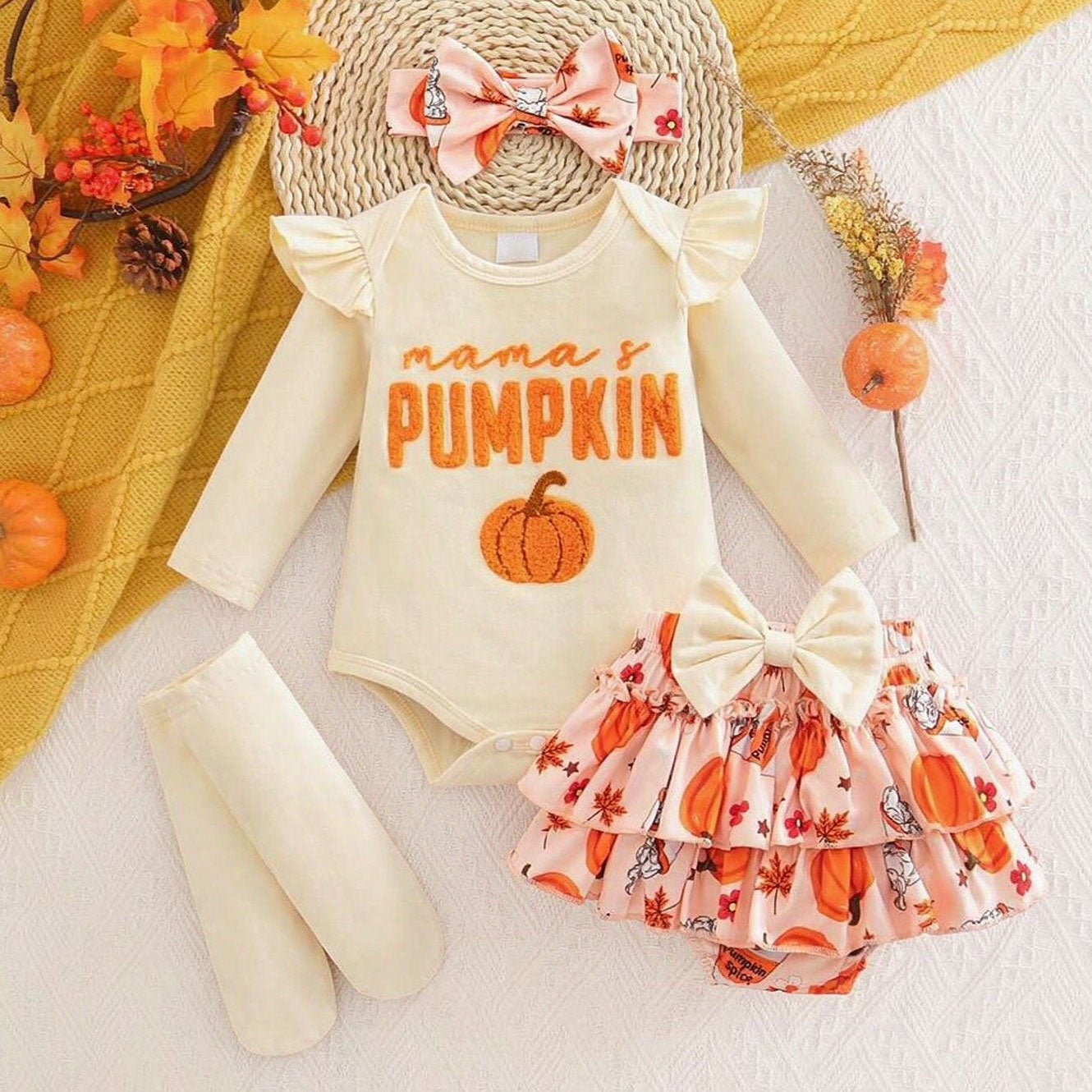 4PCS Mama's Pumpkin Letter Applique Pumpkin Print Baby Set
