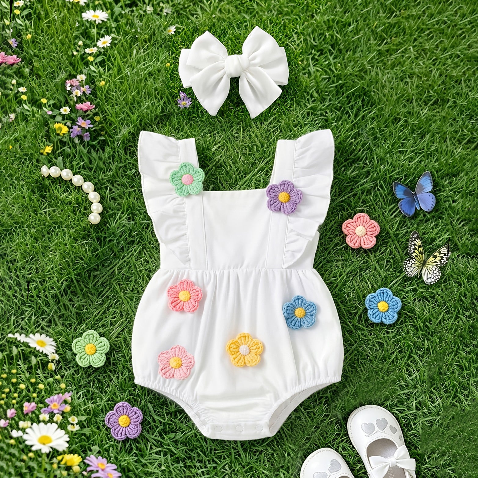 2PCS Floral Crochet Appliqué Flounce Sleeve Baby Romper