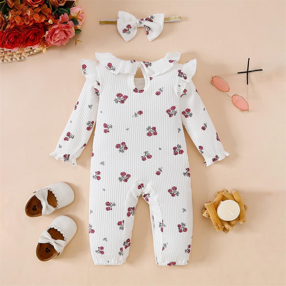 2PCS Rose Print Ruffle Long Sleeves Baby Jumpsuit