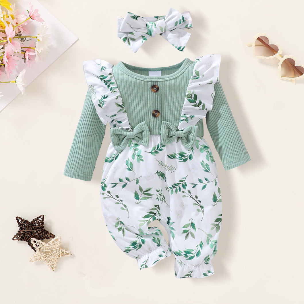2PCS Grace Leaf Printed Long Sleeve Baby Jumpsuit