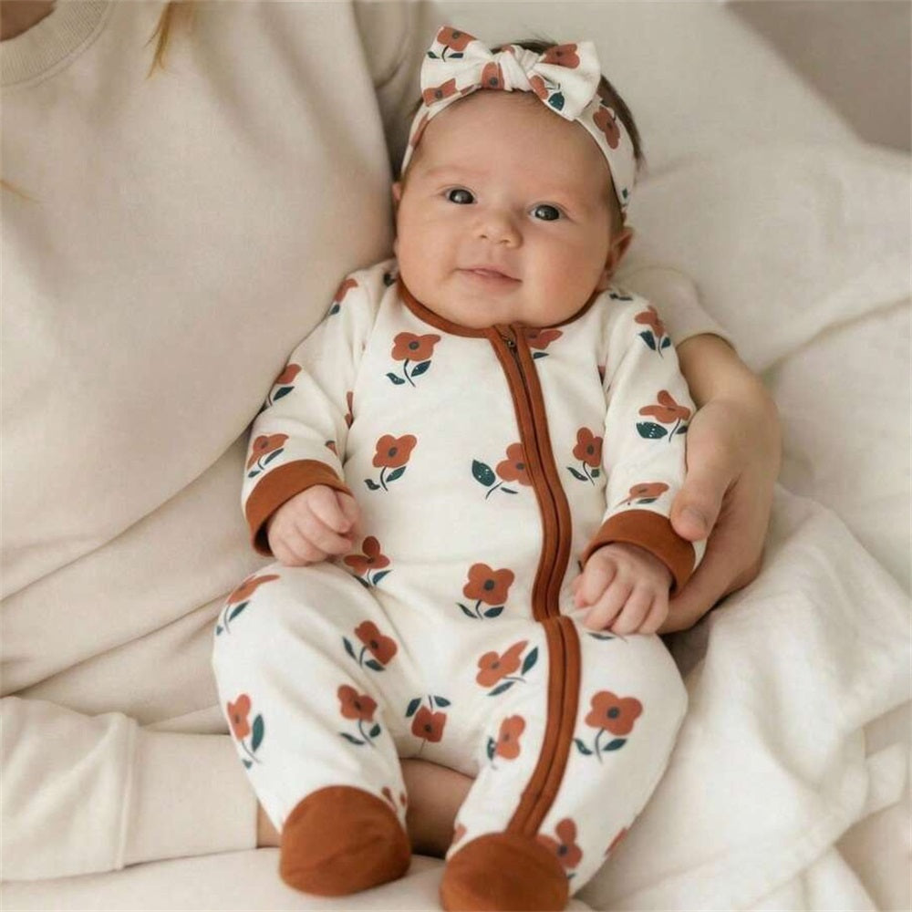 2PCS Casual Floral Printed Long Sleeve Zip Baby Jumpsuit