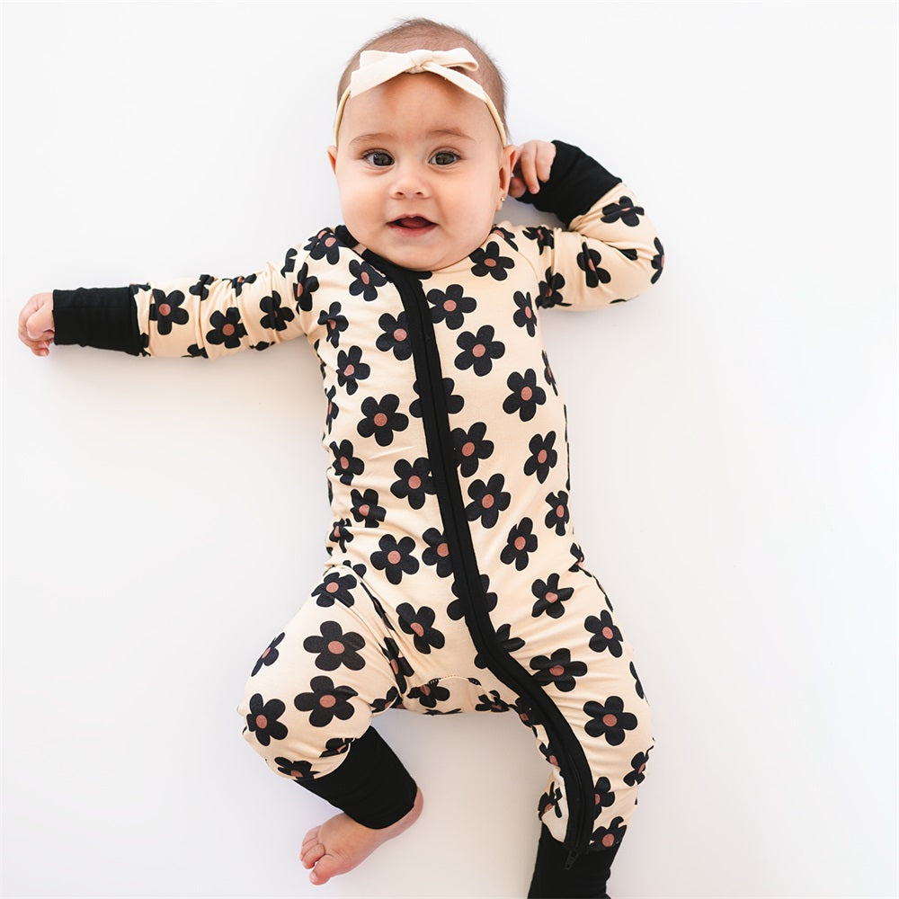 Cute Floral Print Long Sleeve Zipper Baby Jumpsuit